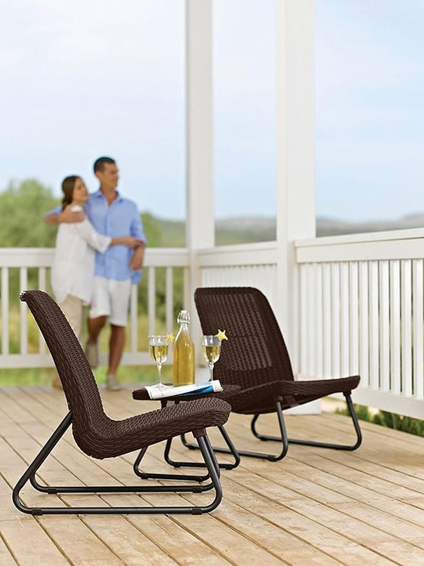 Keter Rio 3 Piece Resin Wicker Patio Furniture Set with Side Table and Outdoor Chairs, Brown - LeafyLoom