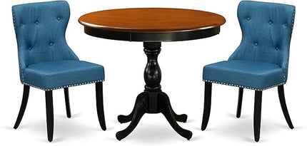 East West Furniture AMSI3-BCH-21 3 Piece Dinette Set for Small Spaces Contains a Round Kitchen Table with Pedestal and 2 Blue Linen Fabric Parson Dining Chairs, 36x36 Inch - LeafyLoom