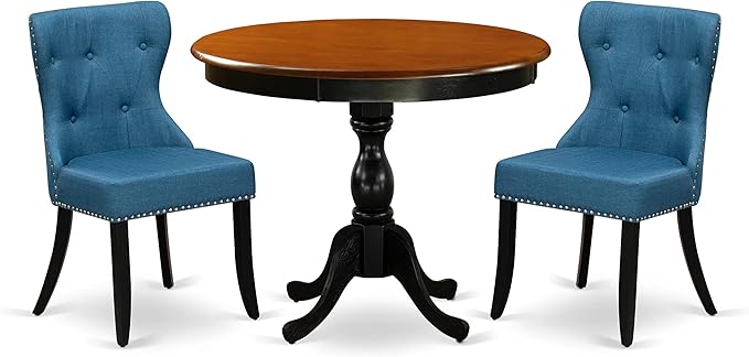 East West Furniture AMSI3-BCH-21 3 Piece Dinette Set for Small Spaces Contains a Round Kitchen Table with Pedestal and 2 Blue Linen Fabric Parson Dining Chairs, 36x36 Inch - LeafyLoom