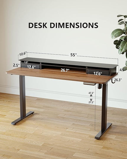 BANTI 55"x 26" Electric Standing Desk with Glass Top Monitor Stand, Adjustable Sit Stand Up Table with Double Drawer, Sit Stand Desk with Storage Shelf, Black Walnut Top - LeafyLoom