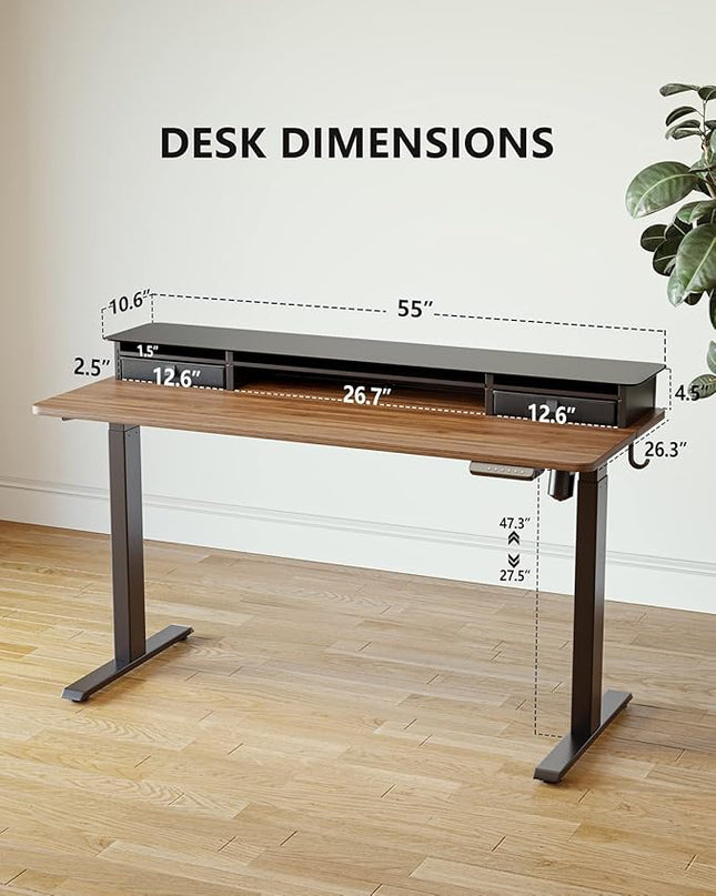 BANTI 55"x 26" Electric Standing Desk with Glass Top Monitor Stand, Adjustable Sit Stand Up Table with Double Drawer, Sit Stand Desk with Storage Shelf, Black Walnut Top - LeafyLoom
