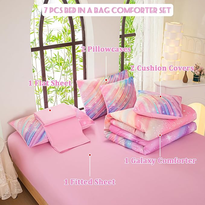 Twin Comforter Set for Girls Galaxy Bedding 7pieces, Ombre Bedding Comforter Sets Rainbow Comforter Glitter Bedding Twin Teen Comforter Sets for Girls - LeafyLoom