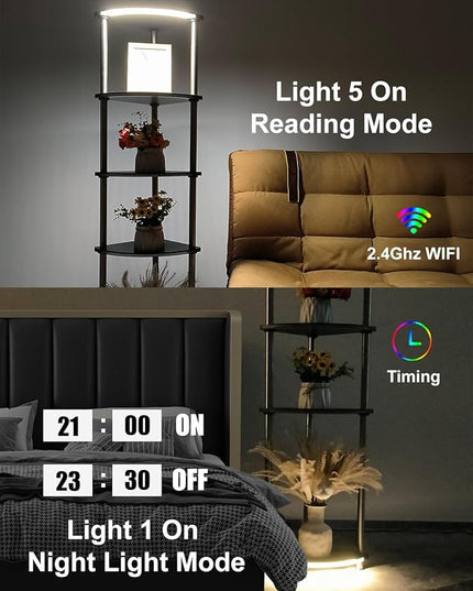 Floor Lamp with Shelves Corner Shelf with Lights Standing Lamp with Charging Stake APP Control Music Sync Multicolor Corner Lamp for Living Room Black 5 Tier - LeafyLoom