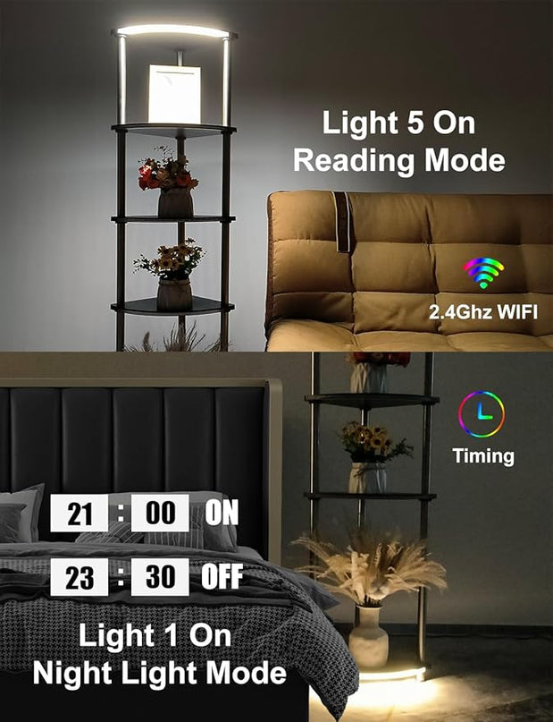 Floor Lamp with Shelves Corner Shelf with Lights Standing Lamp with Charging Stake APP Control Music Sync Multicolor Corner Lamp for Living Room Black 5 Tier - LeafyLoom