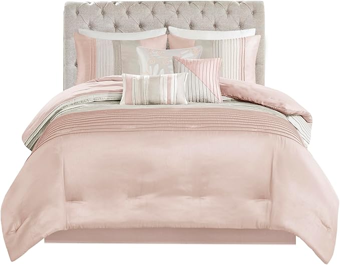 Madison Park Amherst Faux Silk Comforter Set-Casual Contemporary Design All Season Down Alternative Bedding, Matching Shams, Bedskirt, Decorative Pillows, Queen (90 in x 90 in), Blush/Taupe 7 Piece - LeafyLoom