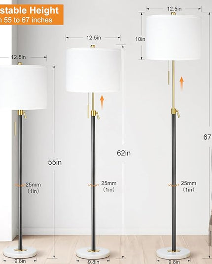 Floor Lamp for Living Room Adjustable Tall Standing Lamp, 3-Way Dimmable Floor Lamp for Bedroom Office, Black Gold Lamp with Marble Base and White Linen Shade, 6W 3000K LED Blub Included - LeafyLoom