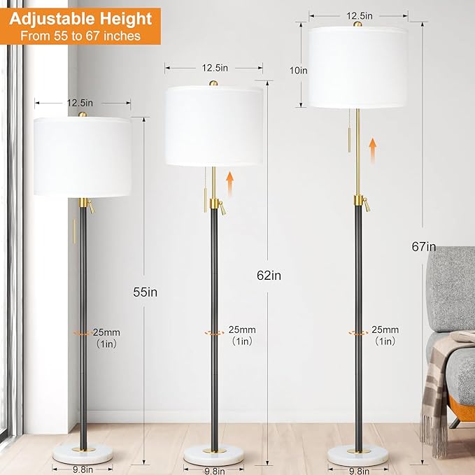 Floor Lamp for Living Room Adjustable Tall Standing Lamp, 3-Way Dimmable Floor Lamp for Bedroom Office, Black Gold Lamp with Marble Base and White Linen Shade, 6W 3000K LED Blub Included - LeafyLoom