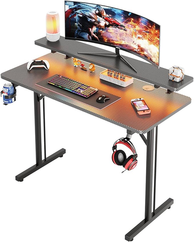 Flrrtenv Small Gaming Desk with LED Lights, 39 Inch Computer Gamer Desk with Monitor Stand, Ergonomic Carbon Fiber Surface Gaming Table with Remote Control for Home Office, RGB - LeafyLoom