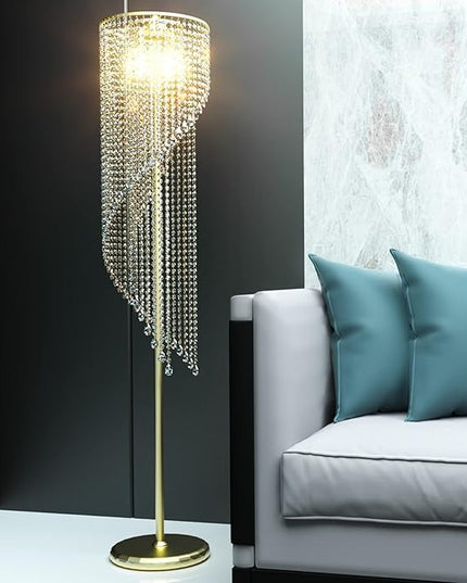 QiMH Crystal Floor Lamp for Living Room/ Bedroom Decor, Bling Elegant Rain Lamp, Gold Standing Indoor Tall Pole Light Simple Floor Lamp with Foot Switch - LeafyLoom