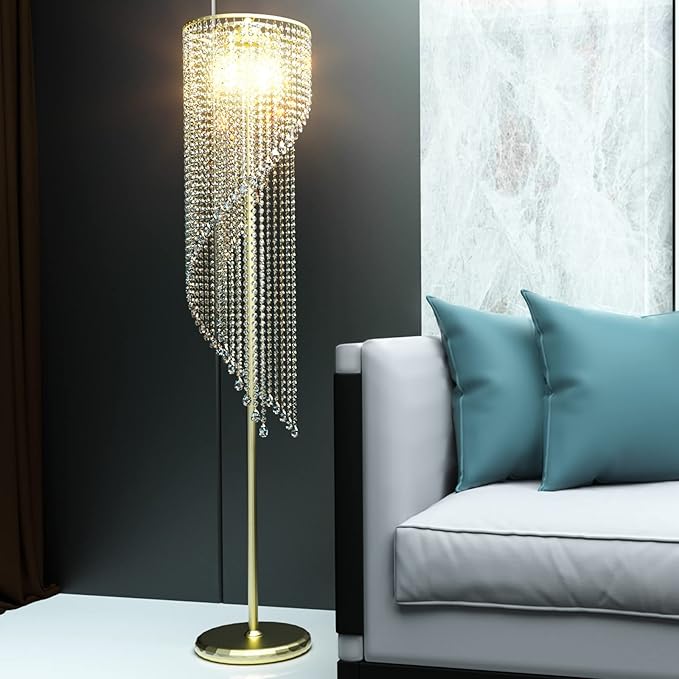 QiMH Crystal Floor Lamp for Living Room/ Bedroom Decor, Bling Elegant Rain Lamp, Gold Standing Indoor Tall Pole Light Simple Floor Lamp with Foot Switch - LeafyLoom