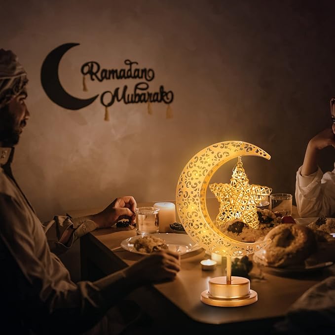 HEDAQI Enchanted Lunar Star Table Lamp, Cordless Battery Operated LED Crescent Moon Light, Hanging Star Lamp Decorative Night Light Home Bedroom Decor - LeafyLoom