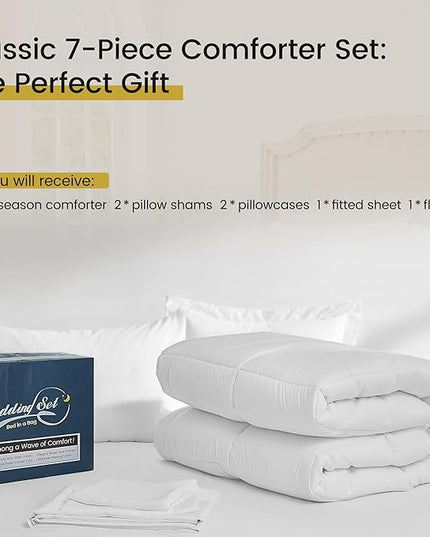 Queen Bed in a Bag 7 Pieces Comforter Set Queen, Wood Grain Texture Bedding Comforter Set White Bed Set with Comforter, Pillowcases, Flat Sheet, Fitted Sheet and Pillow Shams - LeafyLoom