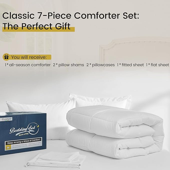 Queen Bed in a Bag 7 Pieces Comforter Set Queen, Wood Grain Texture Bedding Comforter Set White Bed Set with Comforter, Pillowcases, Flat Sheet, Fitted Sheet and Pillow Shams - LeafyLoom