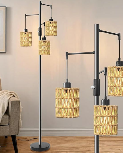 Floor Lamps for Living Room,3 Light Rattan Standing Tall Lamp with Foot Switch & Sturdy Base,Farmhouse Rustic Tree Black Vintage Floor Lamp for Bedroom Office - LeafyLoom