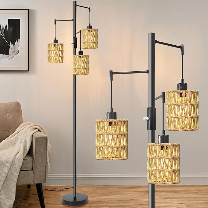 Floor Lamps for Living Room,3 Light Rattan Standing Tall Lamp with Foot Switch & Sturdy Base,Farmhouse Rustic Tree Black Vintage Floor Lamp for Bedroom Office - LeafyLoom