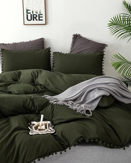 Army Green Comforter Cal King Dark Green Pom Green Comforter 3 PCs Soft Olive Green Boho Ball Pom Fringe California King Comforter Bedding Set Women Solid Dark Green Bed Comforter All Season - LeafyLoom