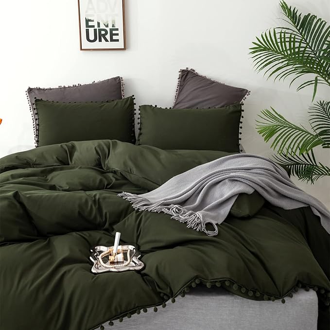 Army Green Comforter Cal King Dark Green Pom Green Comforter 3 PCs Soft Olive Green Boho Ball Pom Fringe California King Comforter Bedding Set Women Solid Dark Green Bed Comforter All Season - LeafyLoom