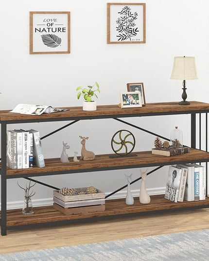 IBF Low Rustic 3 Tier Bookshelf, Industrial Horizontal Wood Bookcase, Farmhouse Long Wide Open Metal Etagere, Modern Large Vintage Book Shelf for Home Office Bedroom Living Room, Rustic Brown, 63 Inch - LeafyLoom