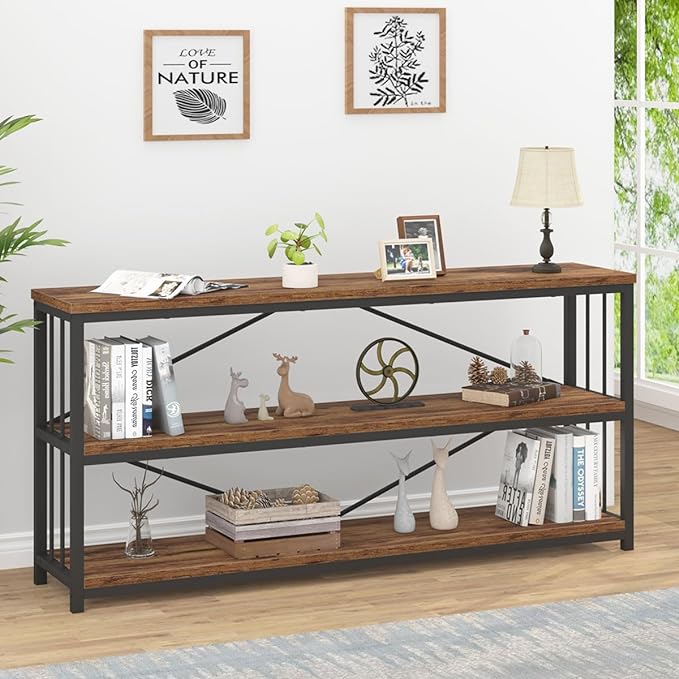IBF Low Rustic 3 Tier Bookshelf, Industrial Horizontal Wood Bookcase, Farmhouse Long Wide Open Metal Etagere, Modern Large Vintage Book Shelf for Home Office Bedroom Living Room, Rustic Brown, 63 Inch - LeafyLoom