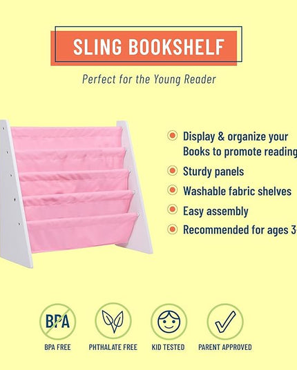 Wildkin Kids Canvas Sling Bookshelf for Boys and Girls, Wooden Design Features Four Fabric Shelves, Keep Bedrooms, Playrooms, and Classrooms Organized, Measures 25 x 24 x 11 Inches (White w/ Pink) - LeafyLoom