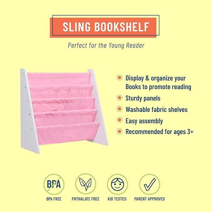 Wildkin Kids Canvas Sling Bookshelf for Boys and Girls, Wooden Design Features Four Fabric Shelves, Keep Bedrooms, Playrooms, and Classrooms Organized, Measures 25 x 24 x 11 Inches (White w/ Pink) - LeafyLoom