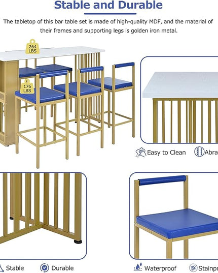 7-Piece Multi-Functional Modern Counter Height Dining Bar Table Set with Open Shelves and 6 Upholstered Stools with Gold Metal Frame for Home Pub Kitchen Room (White+Blue) - LeafyLoom