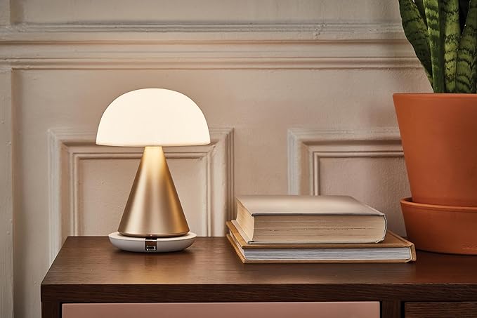 Lexon Mina L Mushroom Lamp - 9 LED Color Table Lamp for Bedrooms, Living Room & Office - Cordless, Rechargeable with 24h Light & Dimmer, Aluminum, Large - Soft Gold - LeafyLoom