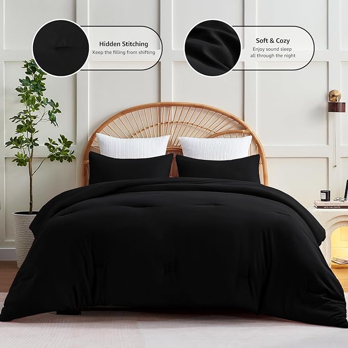 CozyLux Black Comforter Set Full Size, 3 Pieces Solid Breathable Quilted Style Bedding Sets, Luxury Fluffy Soft Microfiber Comforter for All Season(1 Comforter & 2 Pillowcases) - LeafyLoom
