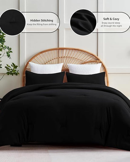 CozyLux Black Comforter Set Queen Size, 3 Pieces Solid Breathable Quilted Style Bedding Sets, Luxury Fluffy Soft Microfiber Comforter for All Season(1 Comforter & 2 Pillowcases) - LeafyLoom