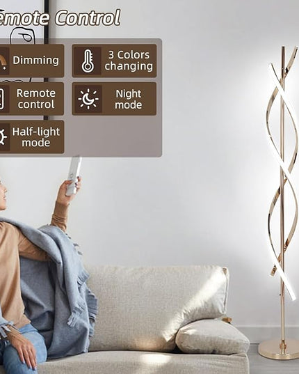 LED Modern Floor Lamp for Living Room, 40W 3 Colors Stepless Dimmable and Color-Changing Bright Floor Standing Lamp,60" Unique Spiral Floor Tall Lamp for Bedroom Office with Remote,Gold - LeafyLoom