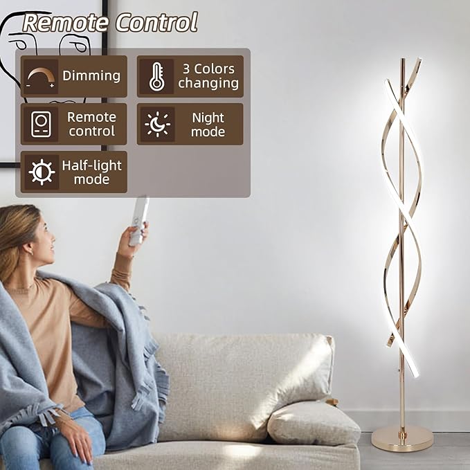 LED Modern Floor Lamp for Living Room, 40W 3 Colors Stepless Dimmable and Color-Changing Bright Floor Standing Lamp,60" Unique Spiral Floor Tall Lamp for Bedroom Office with Remote,Gold - LeafyLoom