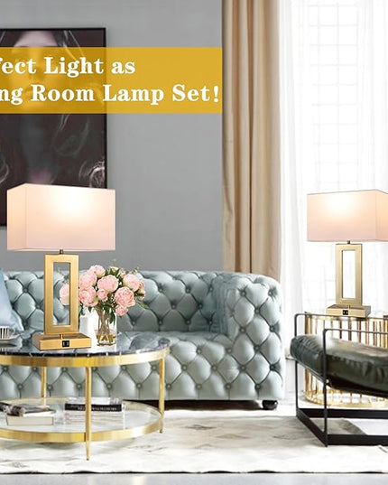 22’’ Set of 2 Touch Control Table Lamps w. 2 USB Ports, 3-Way Dimmable Bedroom Bedside Nightstand, Modern Gold&White Touch Lamps for Living Room End Table, LED Bulbs Included - LeafyLoom