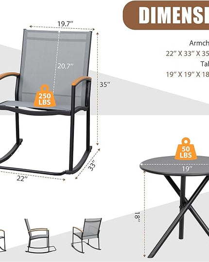 Shintenchi 3 Piece Outdoor Rocking Bistro Set, Textilene Fabric Small Patio Furniture Set, Front Porch Rocker Chairs Conversation Set with Table for Lawn, Garden, Balcony, Poolside (Light Gray) - LeafyLoom