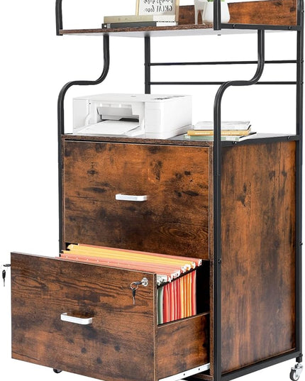 Vertical File Cabinet, 2 Drawer Mobile Filing Cabinet with 1 Bookshelf, Printer Stand with Open Storage Shelves Fits A4/Letter/Legal Size File Cabinets for Home Office Organizer, Brown - LeafyLoom