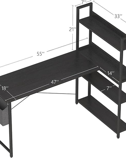 Treesland 55 Inch Computer Desk with Storage Shelves, L Shaped Desk with Storage, Corner Desk with Storage, Home Office Desks, Bookshelf Desk, Writing Study Desk for Bedroom, Black - LeafyLoom