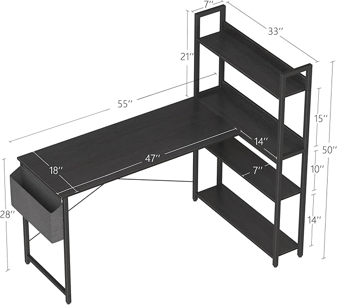 Treesland 55 Inch Computer Desk with Storage Shelves, L Shaped Desk with Storage, Corner Desk with Storage, Home Office Desks, Bookshelf Desk, Writing Study Desk for Bedroom, Black - LeafyLoom