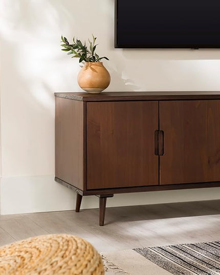 Walker Edison Genia Mid-Century Modern Solid Wood Stand for TVs up to 65 Inches, Walnut - LeafyLoom