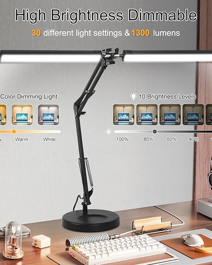 2-in-1 LED Desk Lamp, 24W Brightestwith Table Lamp with Clamp, Desk Light with Flexible Swing Arm,3 Color Modes Stepless Dimmable Double Head Architect Desk Lamps for Home Office Workbench Reading - LeafyLoom
