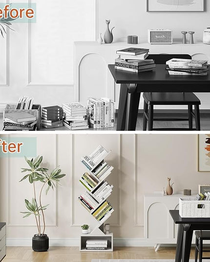 Vagusicc 6 Tier Tree Bookshelf, Modern Floor Standing Bookcase with Storage Drawer, Tall Wood Book Storage Rack for CDs/Books, Utility Book Organizer Shelves for Bedroom/Living Room/Home Office/Corner - LeafyLoom