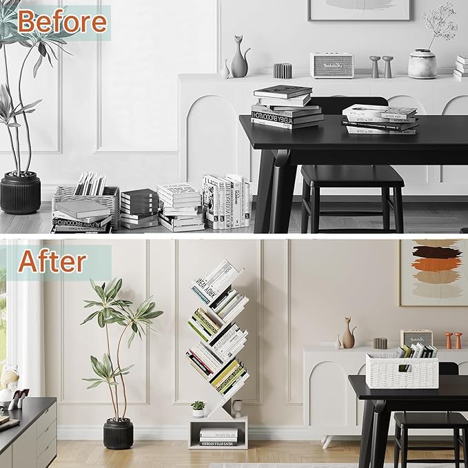 Vagusicc 6 Tier Tree Bookshelf, Modern Floor Standing Bookcase with Storage Drawer, Tall Wood Book Storage Rack for CDs/Books, Utility Book Organizer Shelves for Bedroom/Living Room/Home Office/Corner - LeafyLoom