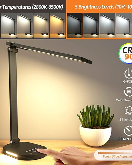LED Desk Lamps for Home Office, Dual Swing Arm Desk Light, Dimmable Desk Lamp with USB Charging Port, Office Lamp with Night Light, 1H Timer, 5 Color Modes 5 Brightness Levels, Eye-Caring Table Lamp - LeafyLoom