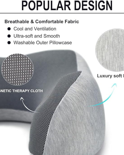 napfun Neck Pillow for Traveling, Travel Neck Pillow for Airplane 100% Pure Memory Foam Travel Pillow for Flight Headrest Sleep, Portable Plane Accessories, Light Grey Set - LeafyLoom