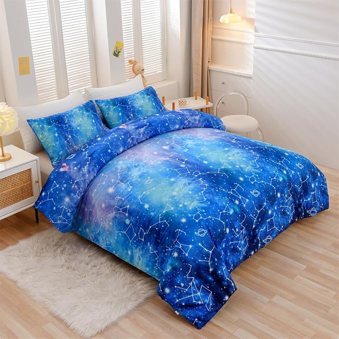 Holawakaka Tie Dye Constellation Print Ombre Comforter Set Twin Size Girls Boys Gradient Galaxy Bedding Set (Cyan,Twin) - LeafyLoom