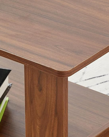 Farmhouse Wood Coffee Table - Boho Tea Table with Storage Shelf, Rectangle Center Table Wood Look Accent Table, 2-Tier Sofa Side Table Modern Rectangular Coffee Table Living Room Furniture - LeafyLoom