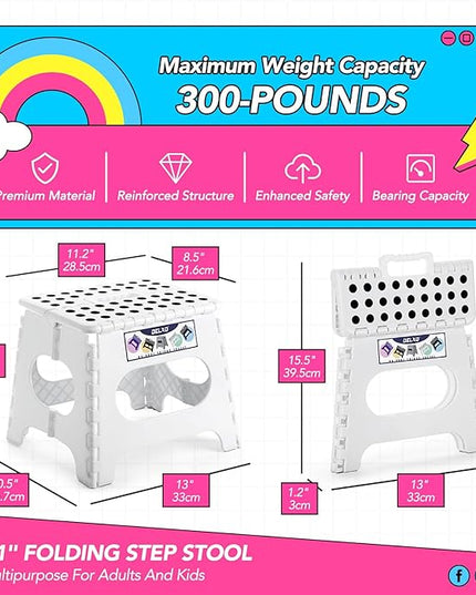 Delxo Folding Step Stool,11 Inch Non-Slip Foldable Step Stools for Kids and Adults,Portable Foldable Step Stool Lightweight Small Folding Stool with Handle for Kitchen Bathroom in White,1 Pack - LeafyLoom