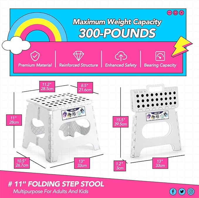 Delxo Folding Step Stool,11 Inch Non-Slip Foldable Step Stools for Kids and Adults,Portable Foldable Step Stool Lightweight Small Folding Stool with Handle for Kitchen Bathroom in White,1 Pack - LeafyLoom