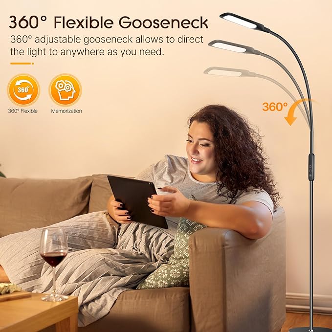 Syrinx LED Floor Lamp, 12W Remote & Touch LED Reading Standing Light for Living Room Bedroom, Flexible Gooseneck Task Light, 5 Color Temperatures, 5 Level Brightness - Black - LeafyLoom