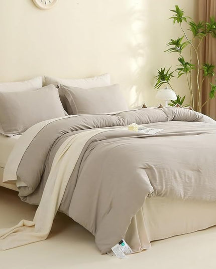 MILDLY California King Size Comforter Set 7 Piece Color Clash, Oatmeal Grey Bed in a Bag, All Season Bedding Sets with 1 Comforter, 2 Pillow Shams, 2 Pillowcases, 1 Flat Sheet, 1 Fitted Sheet - LeafyLoom
