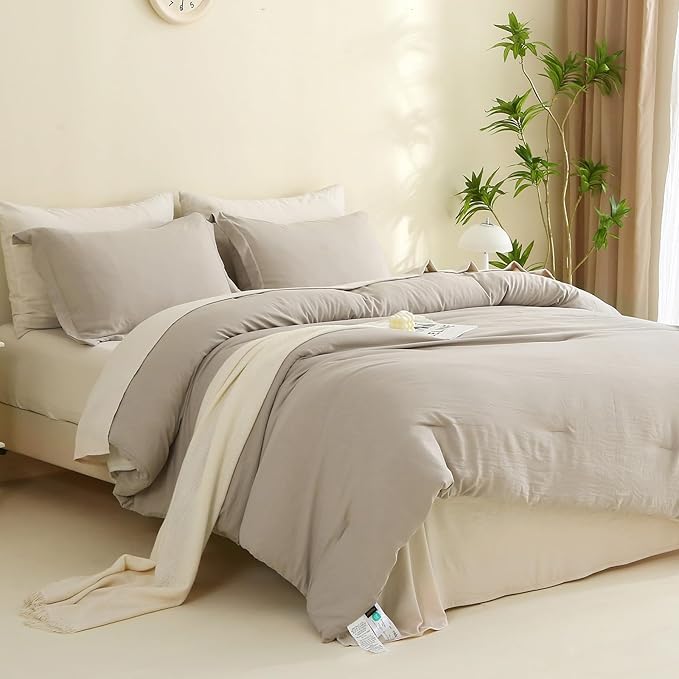 MILDLY California King Size Comforter Set 7 Piece Color Clash, Oatmeal Grey Bed in a Bag, All Season Bedding Sets with 1 Comforter, 2 Pillow Shams, 2 Pillowcases, 1 Flat Sheet, 1 Fitted Sheet - LeafyLoom