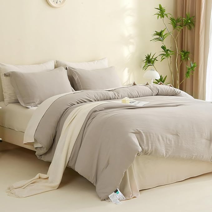 MILDLY Full Size Comforter Set 7 Piece Color Clash, Oatmeal Grey Bed in a Bag, All Season Bedding Sets with 1 Comforter, 2 Pillow Shams, 2 Pillowcases, 1 Flat Sheet, 1 Fitted Sheet - LeafyLoom